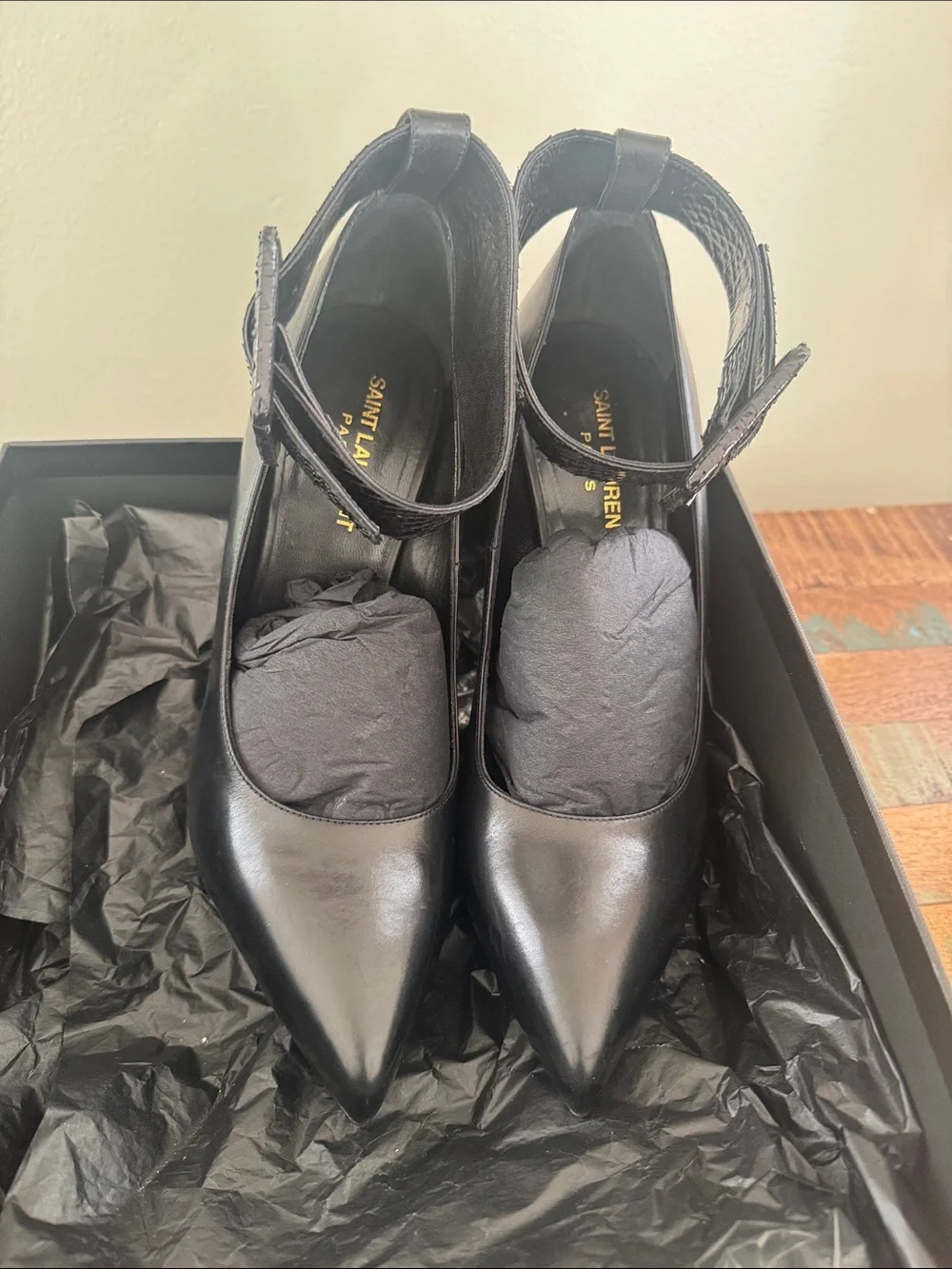 Saint Laurent Black Pointed Stiletto Heels with Textured Ankle Strap - Picture 8 of 10